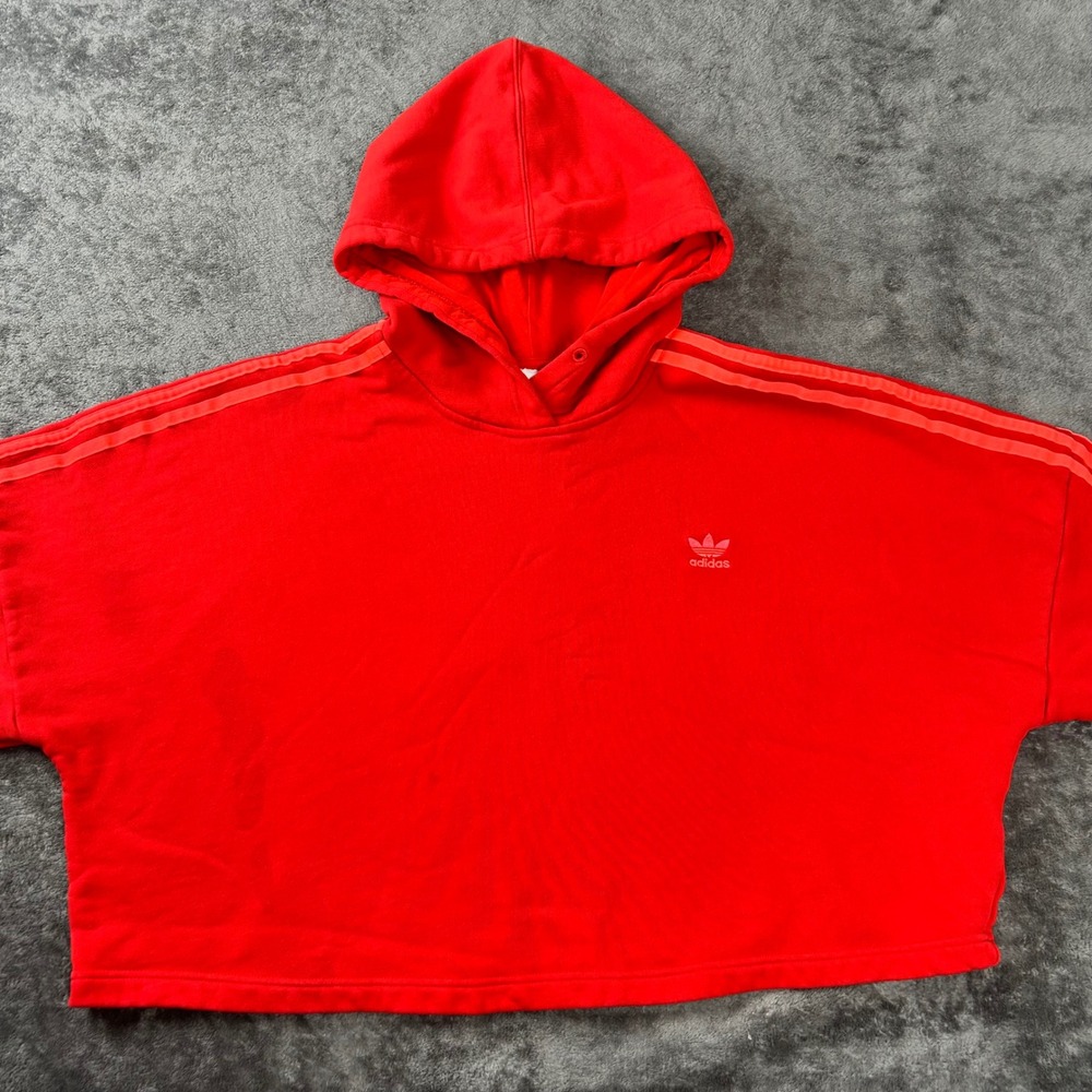 Adidas Originals Women Red 3-Stripe Cropped Hoodie Sweatshirt Large *Stain